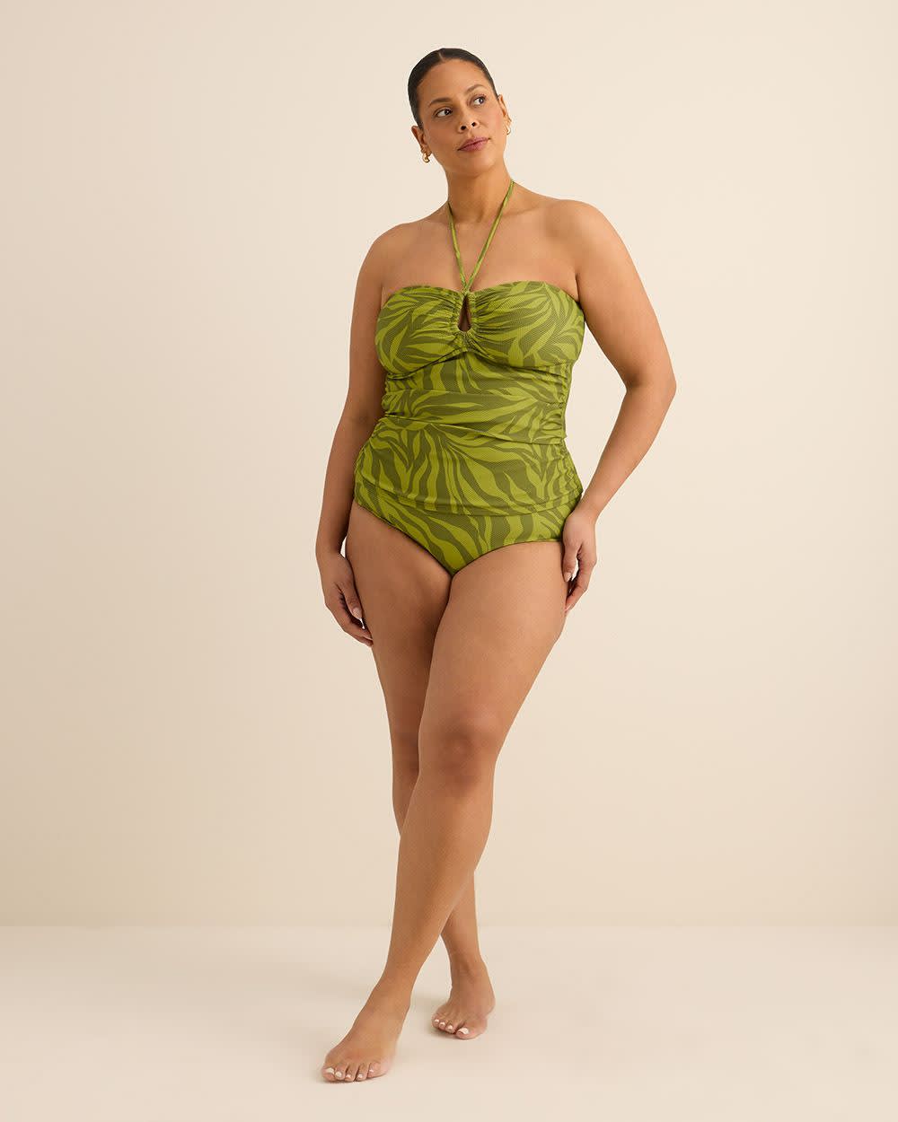 Culotte de maillot de bain verte taille haute à motif de feuillage