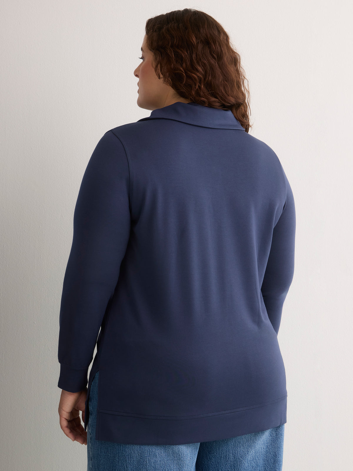 Loose French Terry Tunic Top with Buttoned Johnny Collar