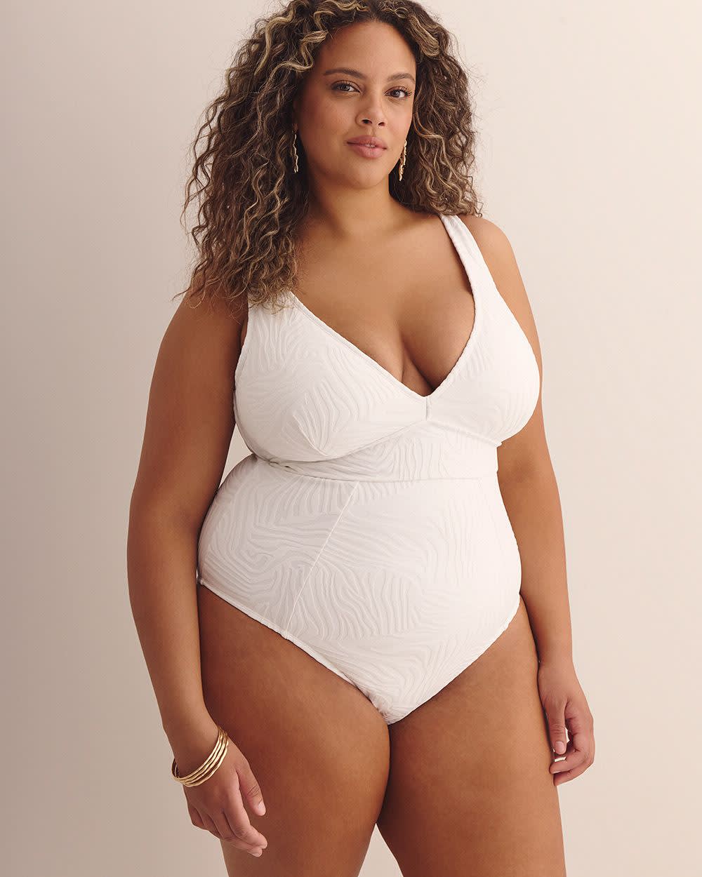 Textured Jacquard Plunging One-Piece Bathing Suit