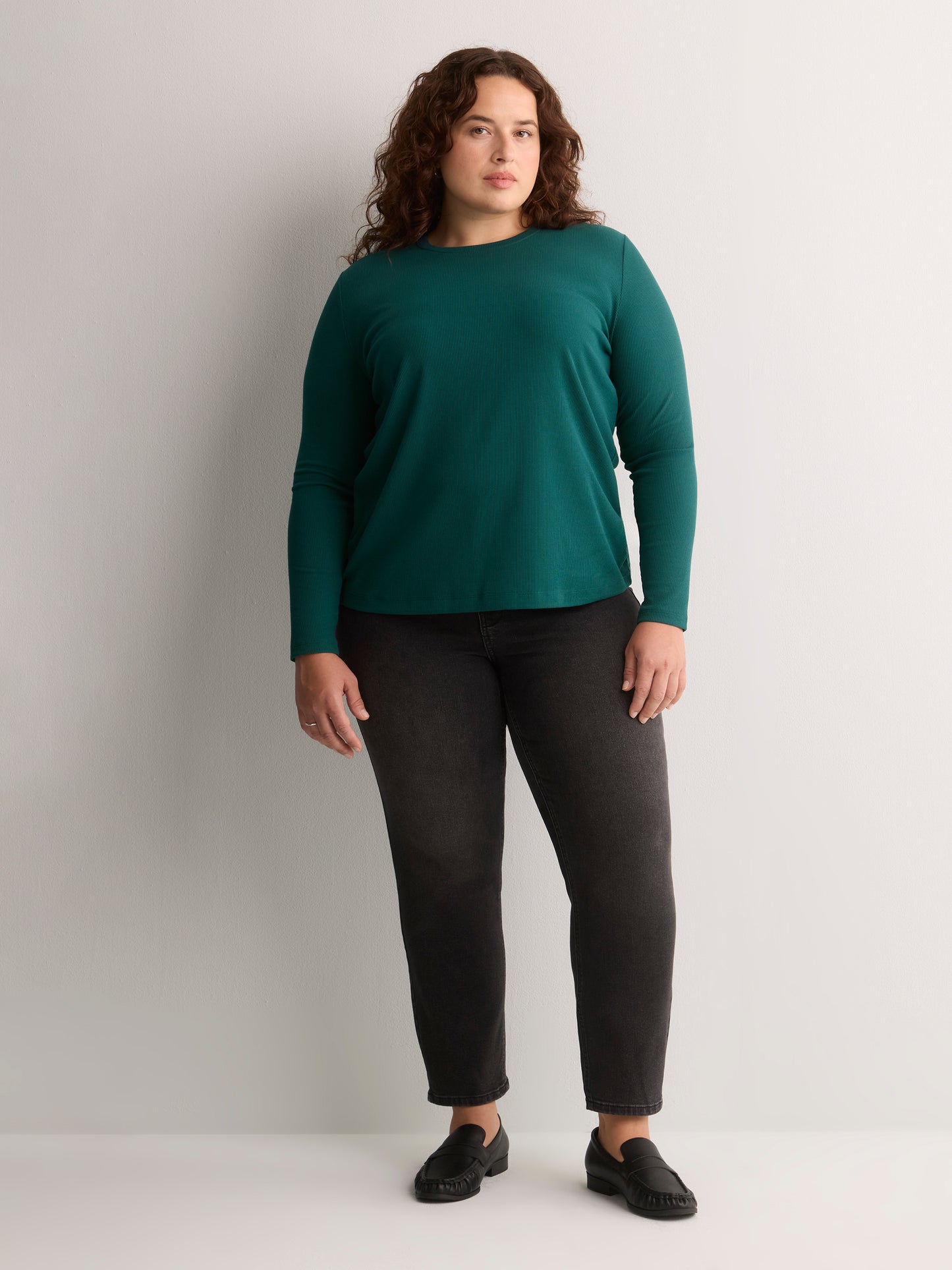 Dark Blue Boyfriend-Fit Long-Sleeve Rib Knit Tee