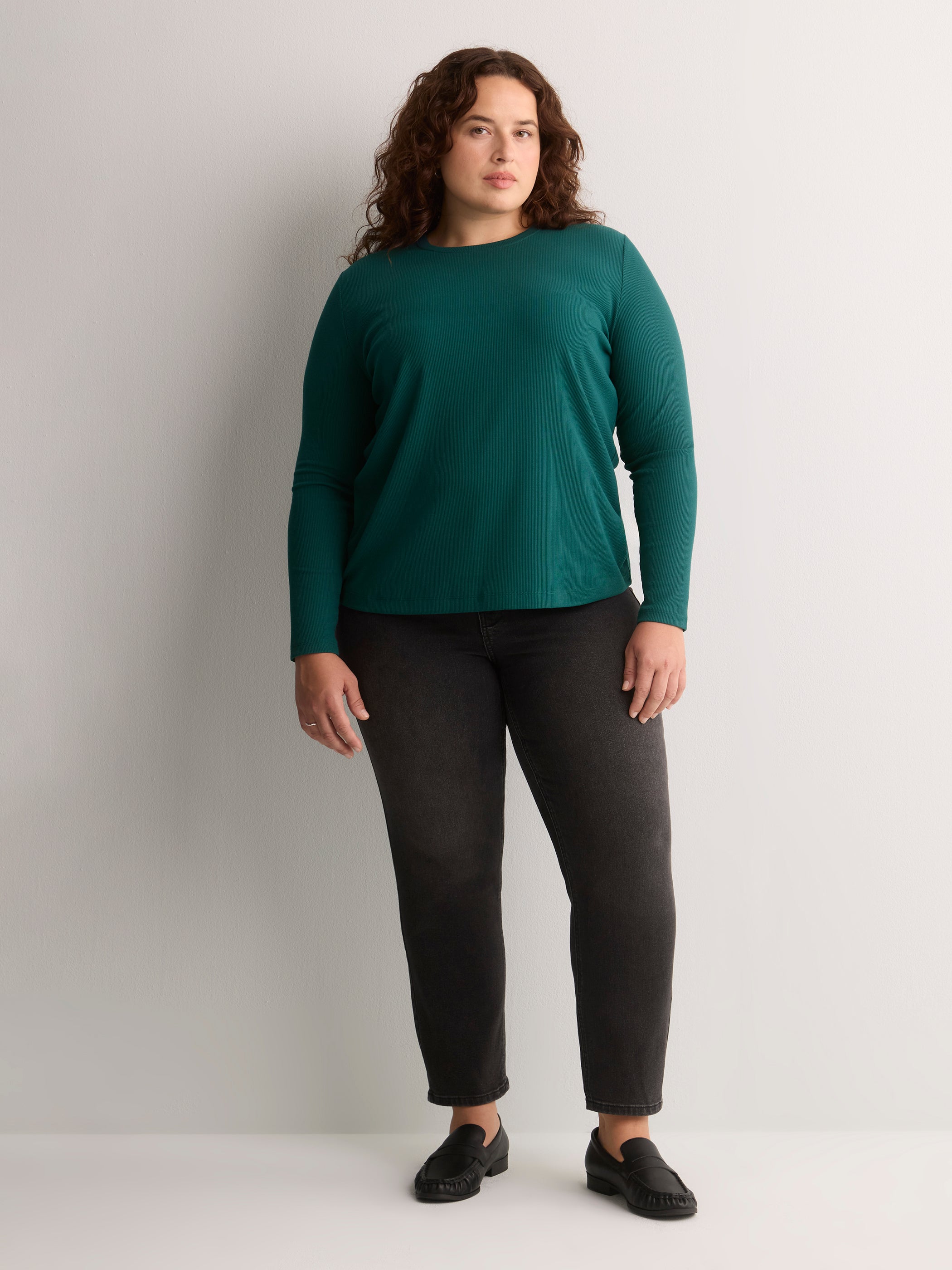Dark Blue Boyfriend-Fit Long-Sleeve Rib Knit Tee