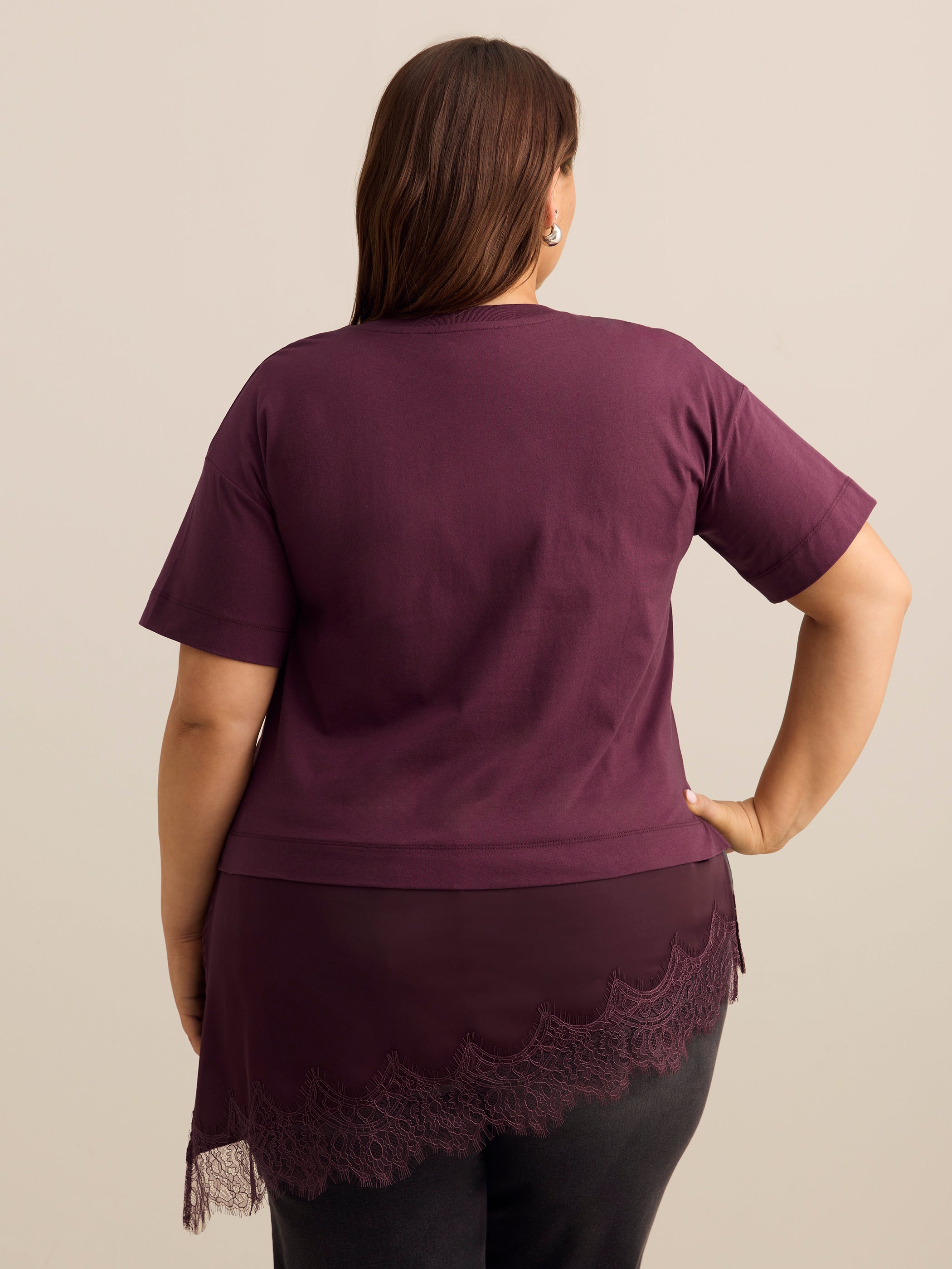 Short-Sleeve Crew Neck Tee with Lace-Trim Satin Fooler - Addition Elle