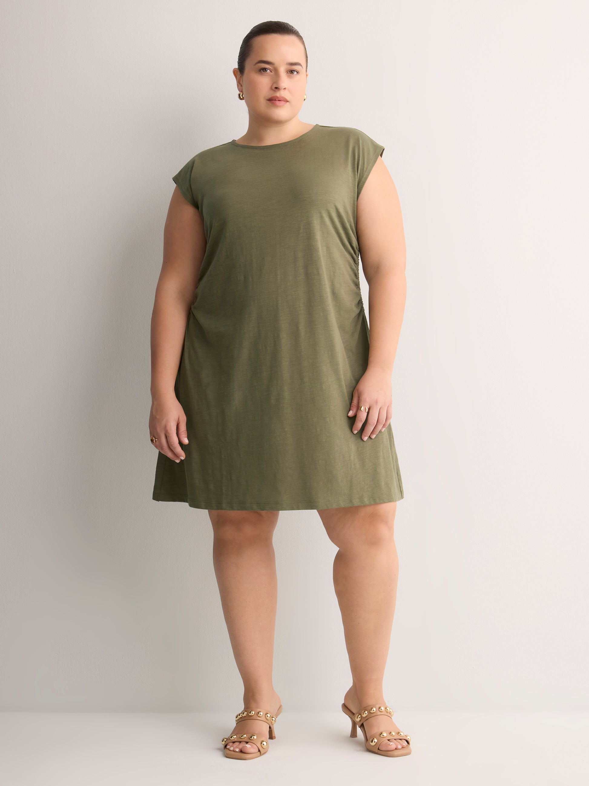 Crew-Neck Extended-Sleeve Knit Dress with Side Shirring