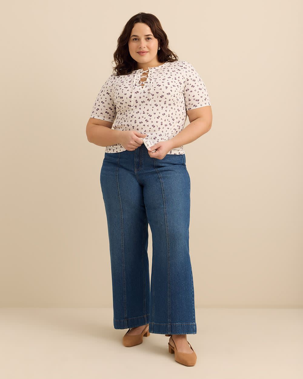 Elbow-Sleeve Top with Lace-Up Front Neckline