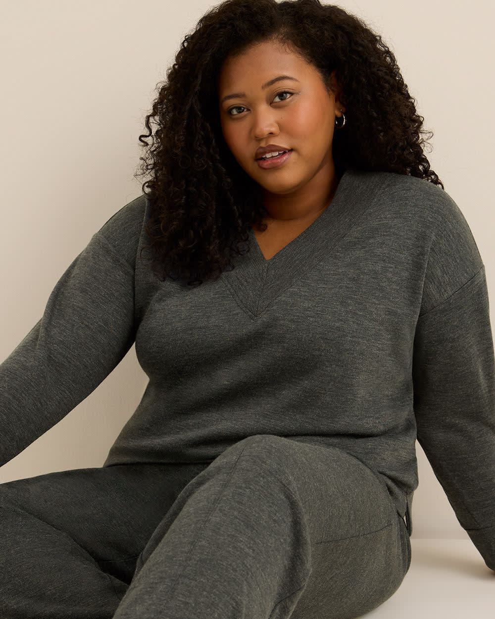 Dropped Shoulder Long-Sleeve V-Neck Top