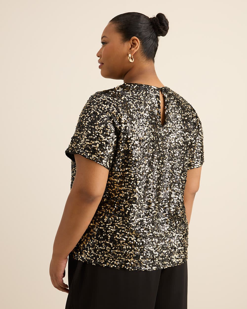 Short-Sleeve Sequins Crewneck Top