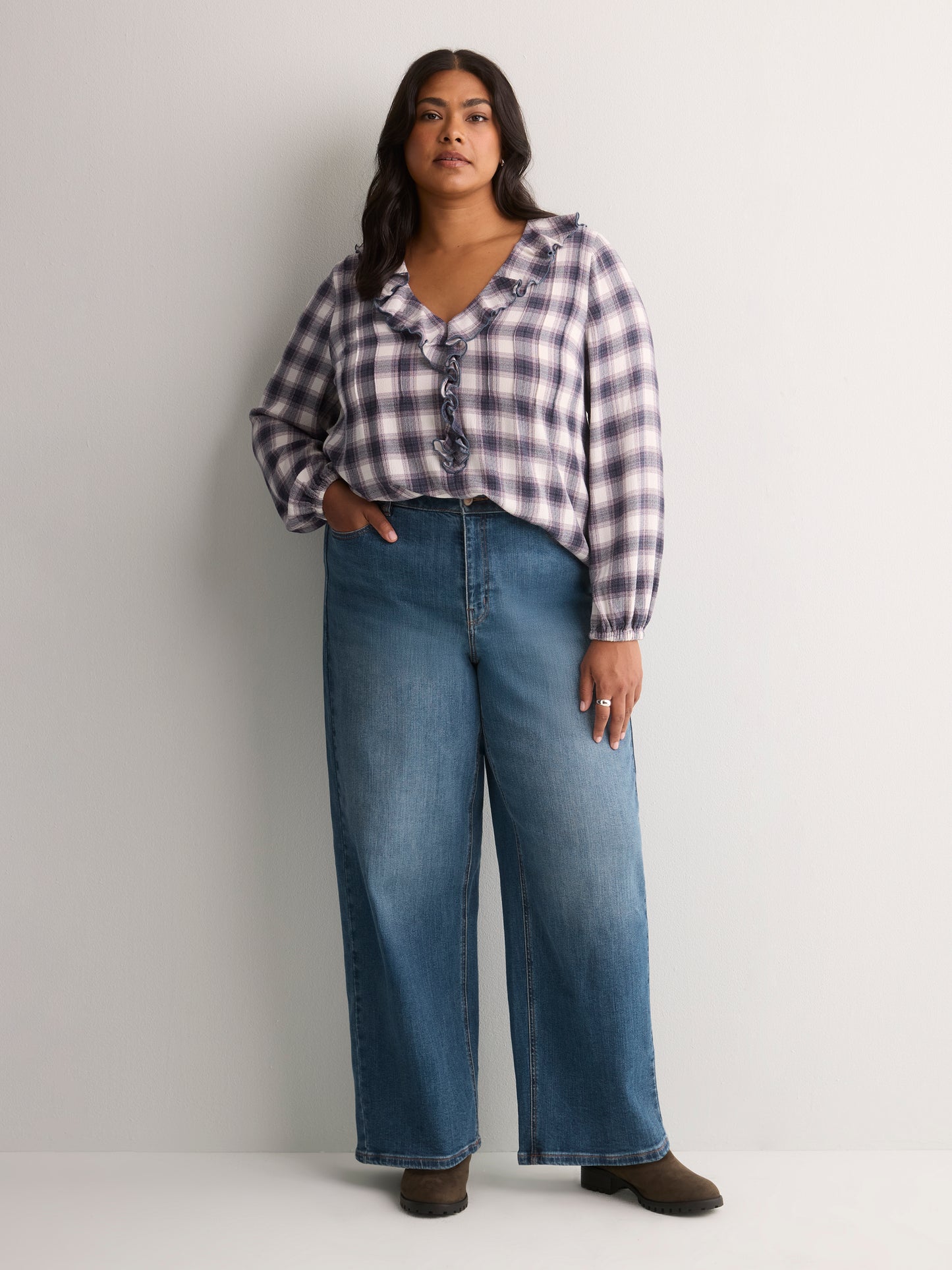 Plaid Ruffled V-Neck Pintuck Swing Blouse