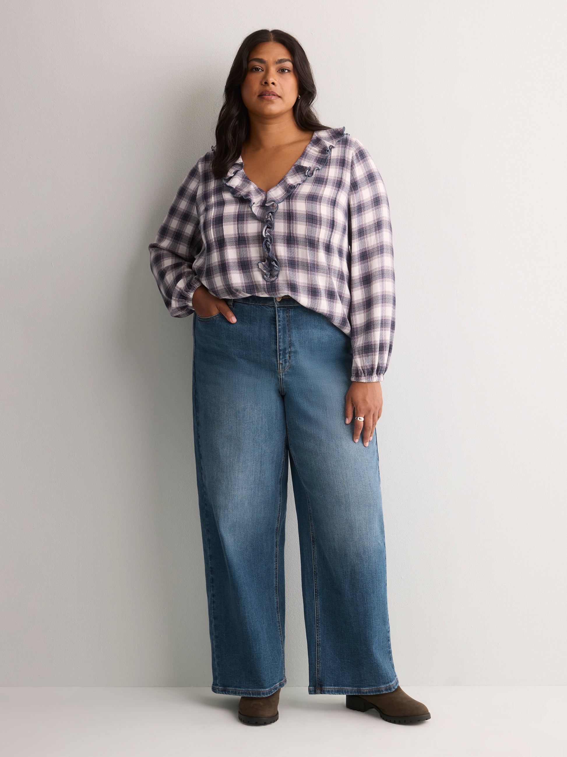 Plaid Ruffled V-Neck Pintuck Swing Blouse