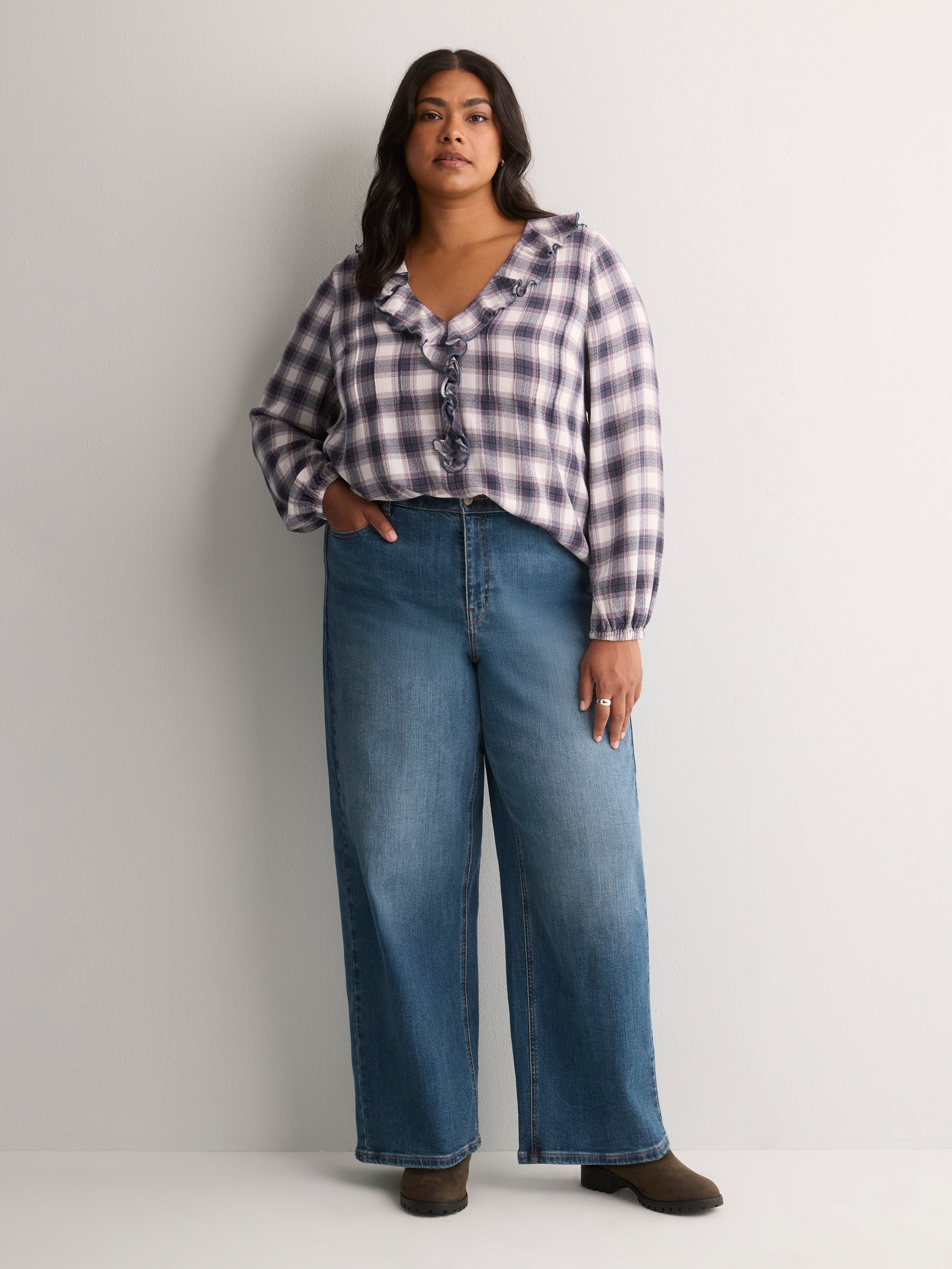 Plaid Ruffled V-Neck Pintuck Swing Blouse