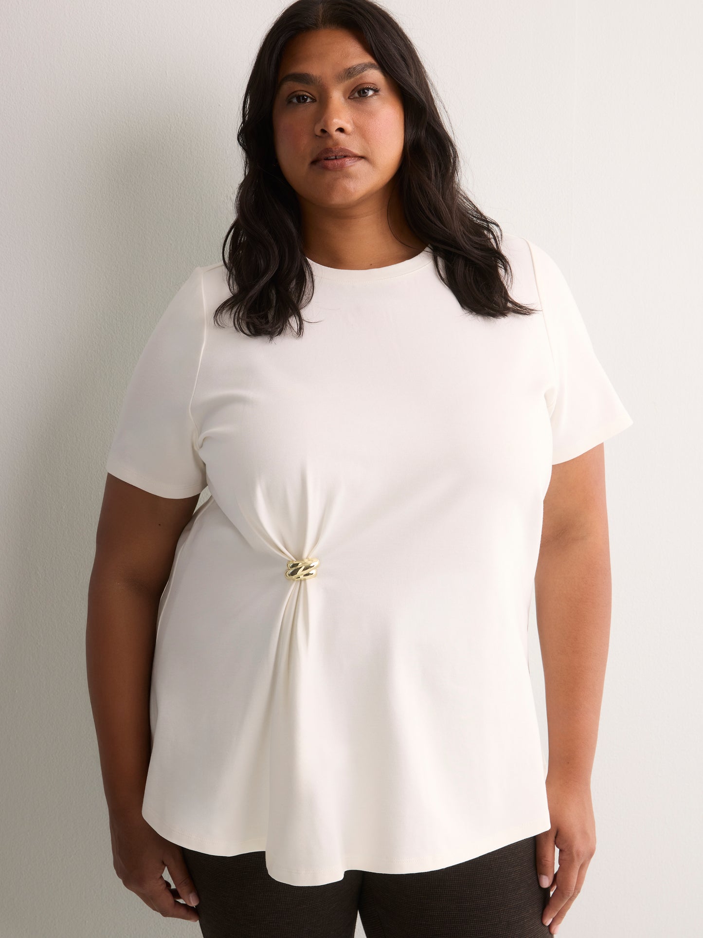 Fit and Flare Short-Sleeve Crew Neck Top with Jewel at Waist