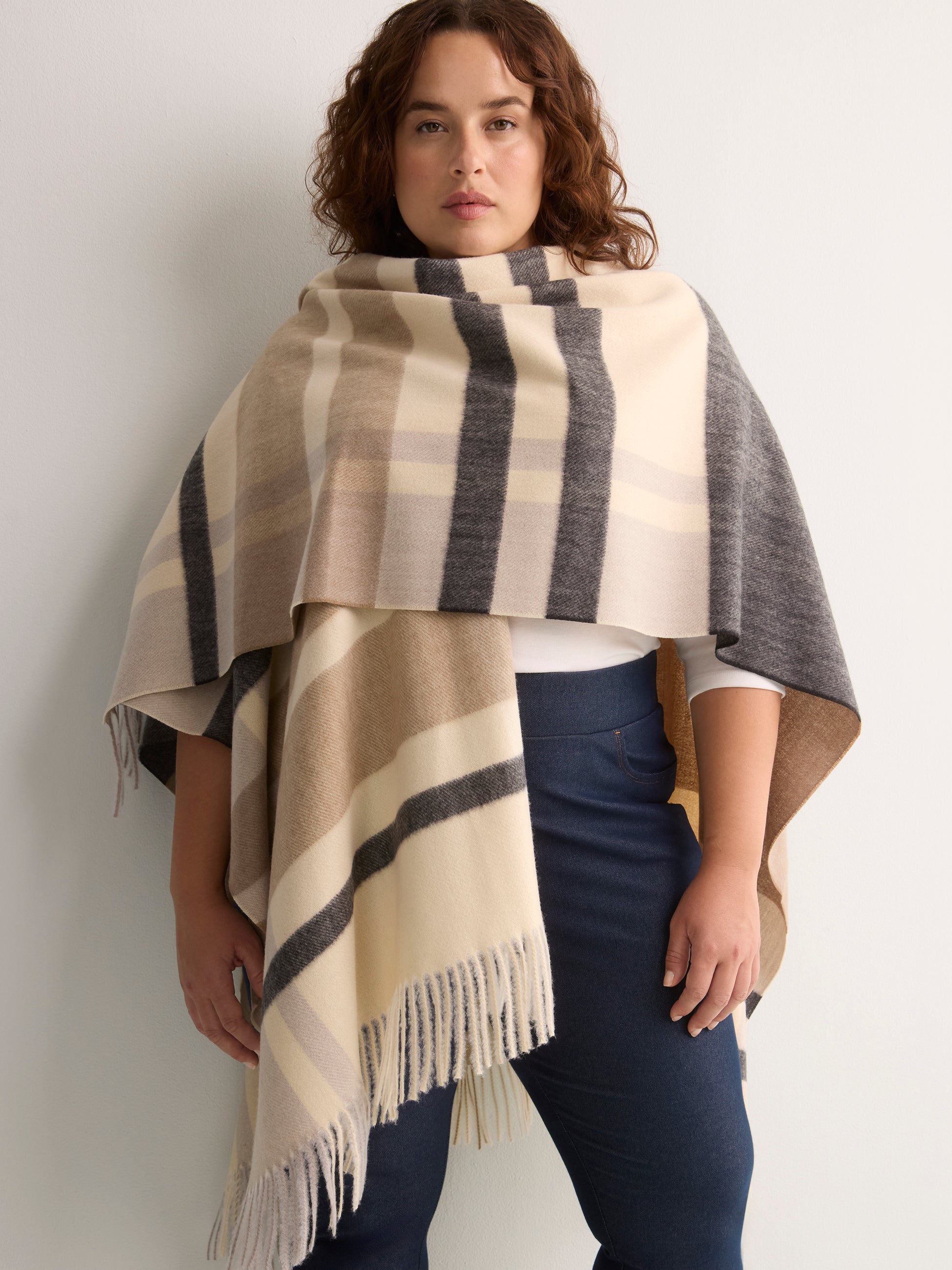 Colourblock Woven Cape with Fringes