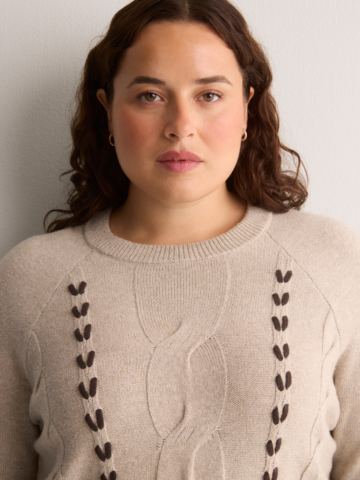 Beige Cable Knit Crew-Neck Sweater