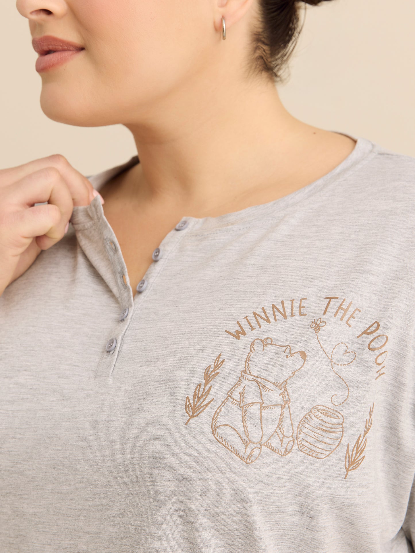 T-shirt de pyjama de Winnie l'Ourson gris chiné avec col Henley - ti Voglio