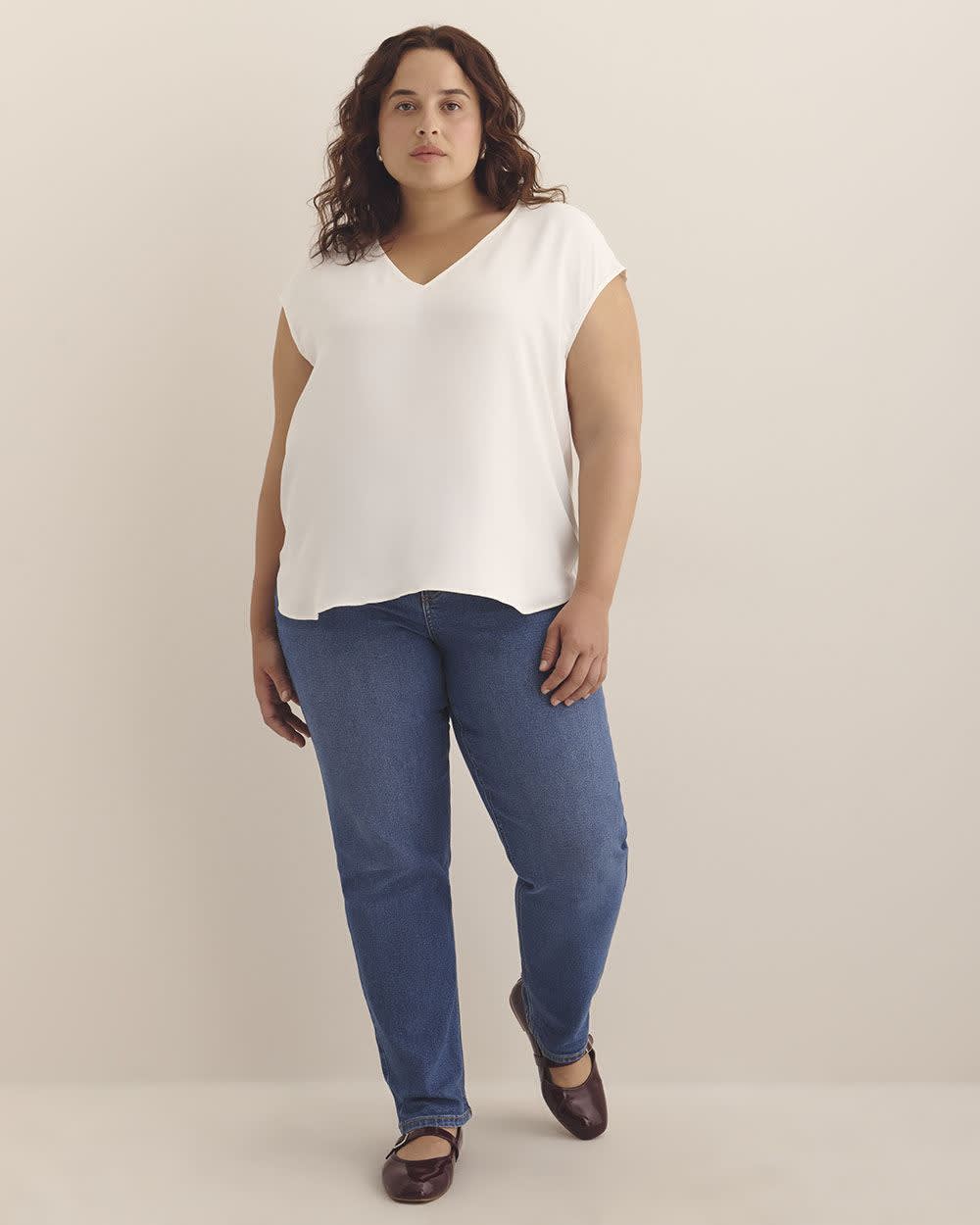 Mixed-Media V-Neck Blouse with Underpinning
