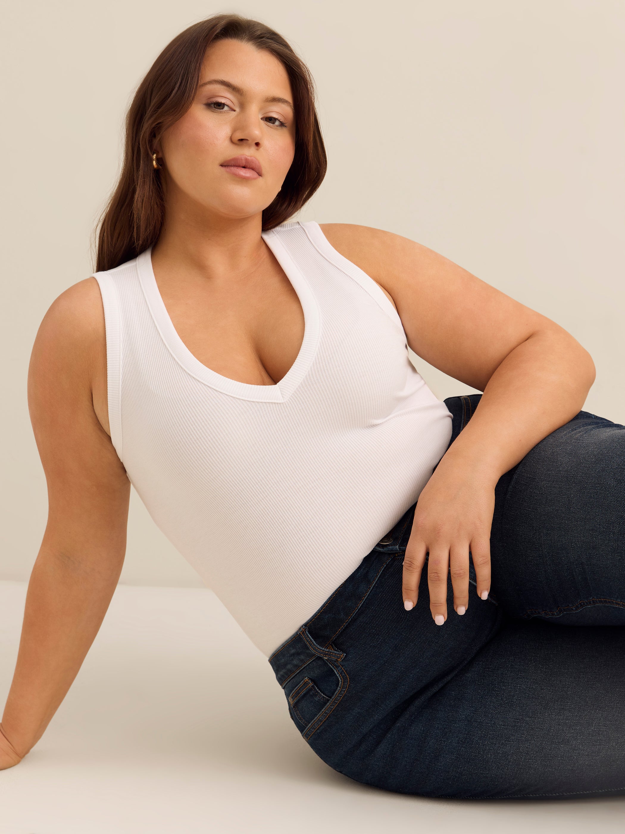 Fitted V-Neck Ribbed Knit Tank Top - Addition Elle