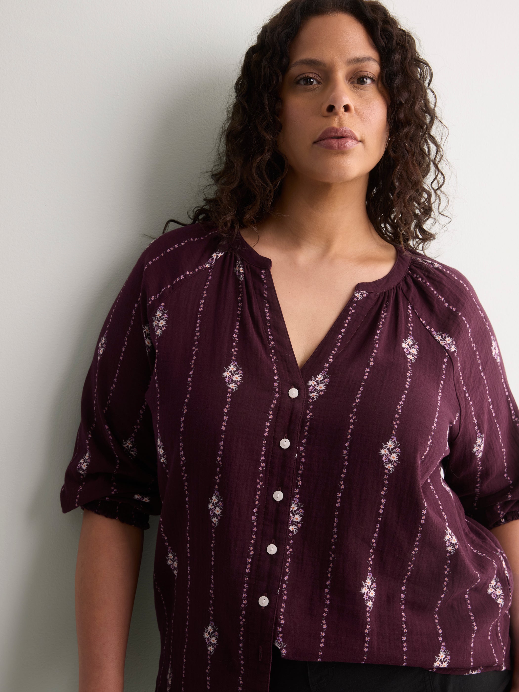 Cotton A-Line Notch-Neckline Blouse