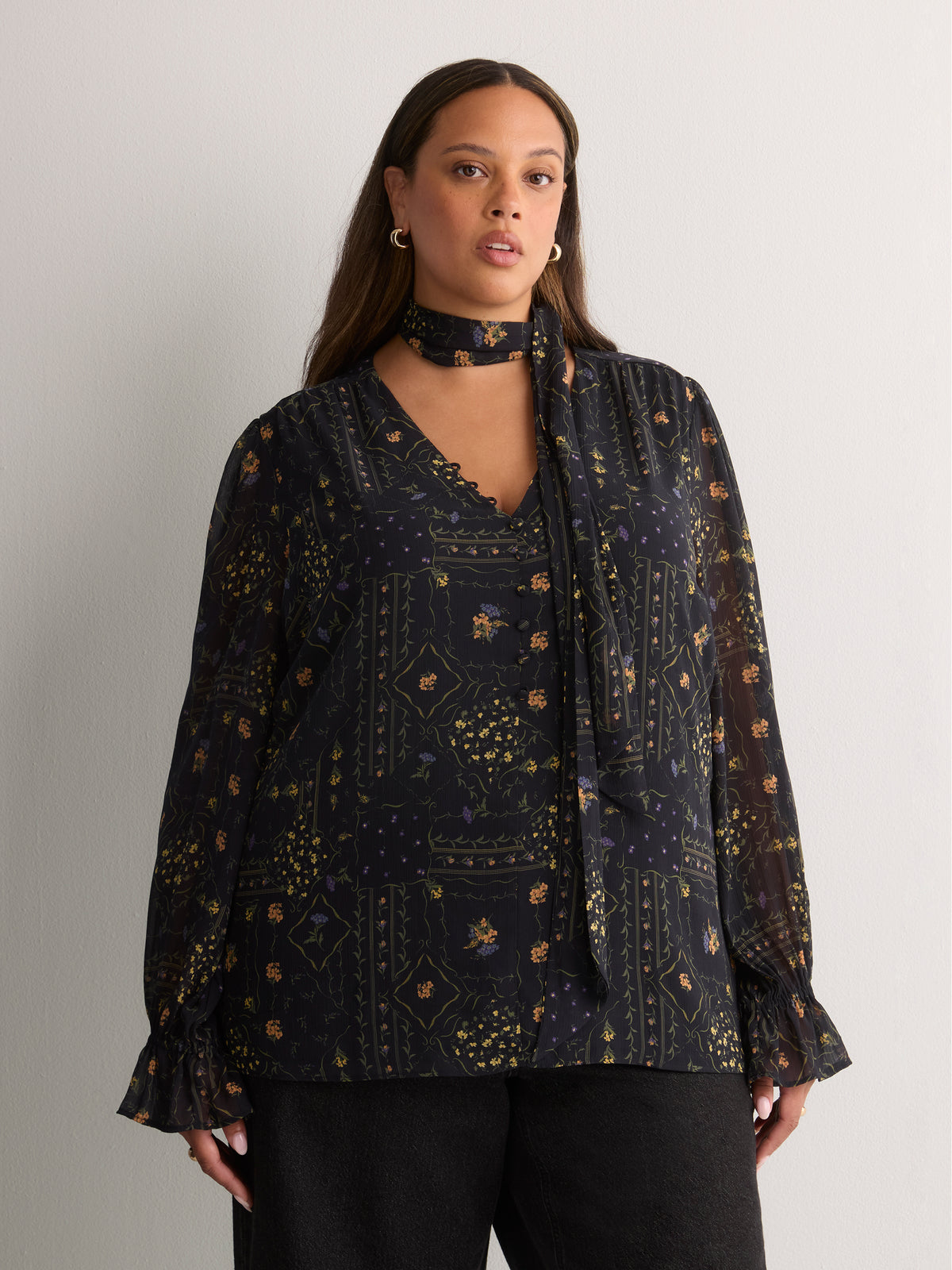 Printed Chiffon Blouse with Detachable Scarf