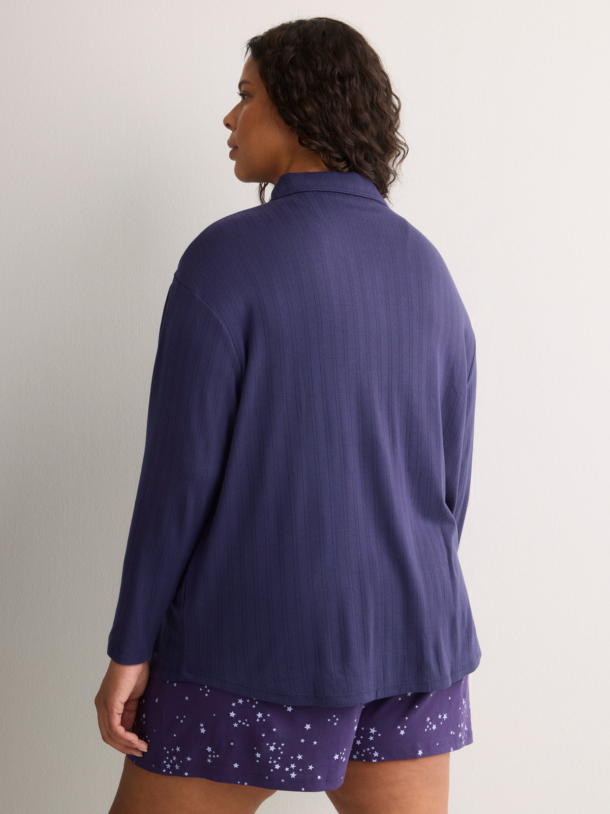Dark Blue Buttoned-Down Pointelle Pyjama Shirt - tiVOGLIO