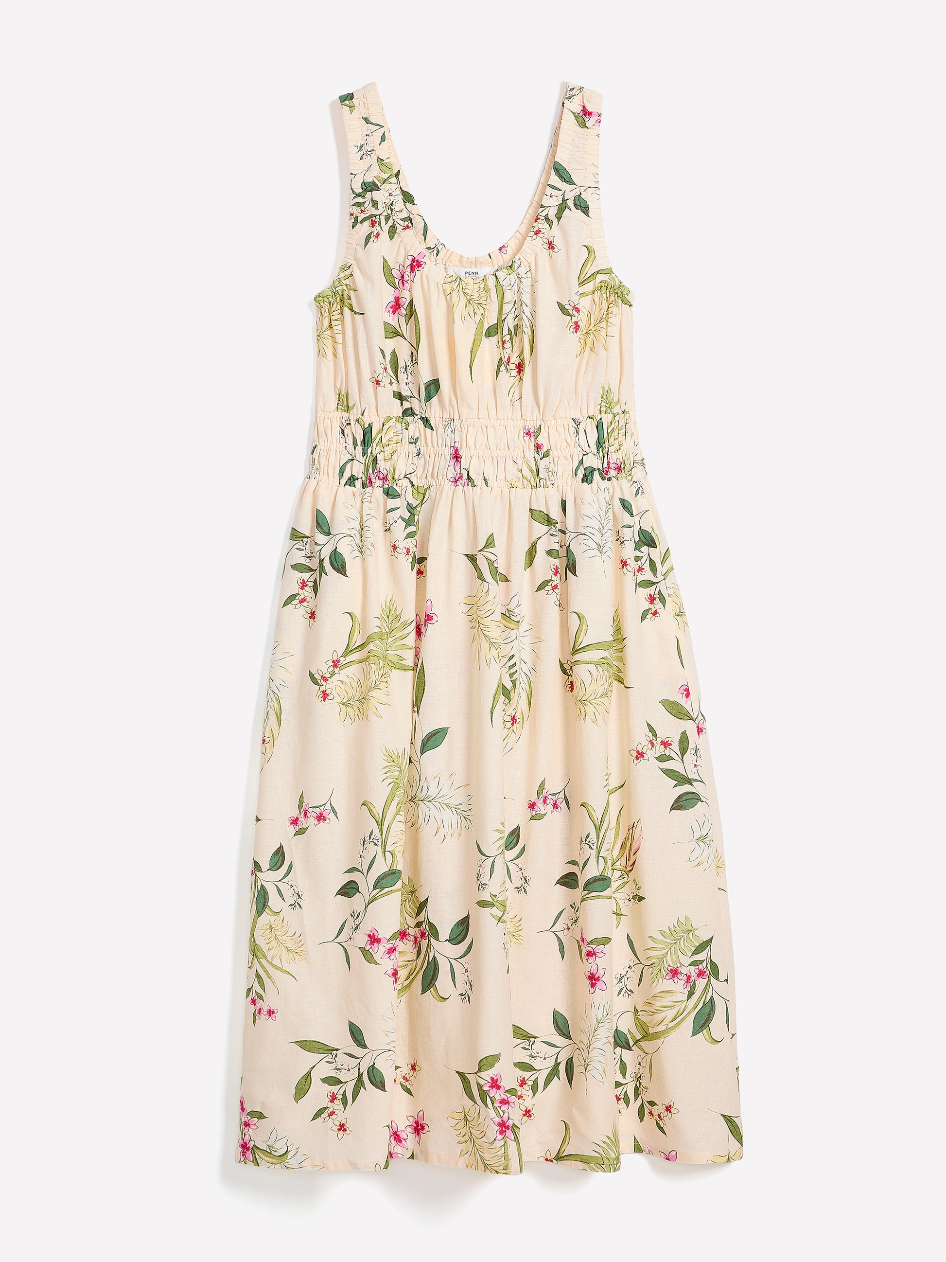 Tropical Linen-Blend Sleeveless Midi Dress with Elastic Waist