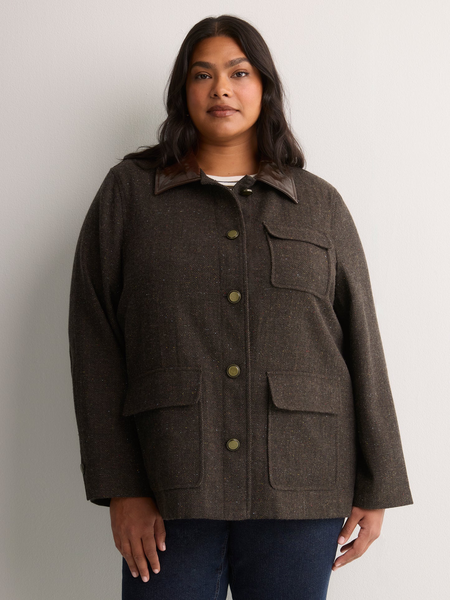 Brown Herringbone Barn Jacket with Faux-Leather Collar