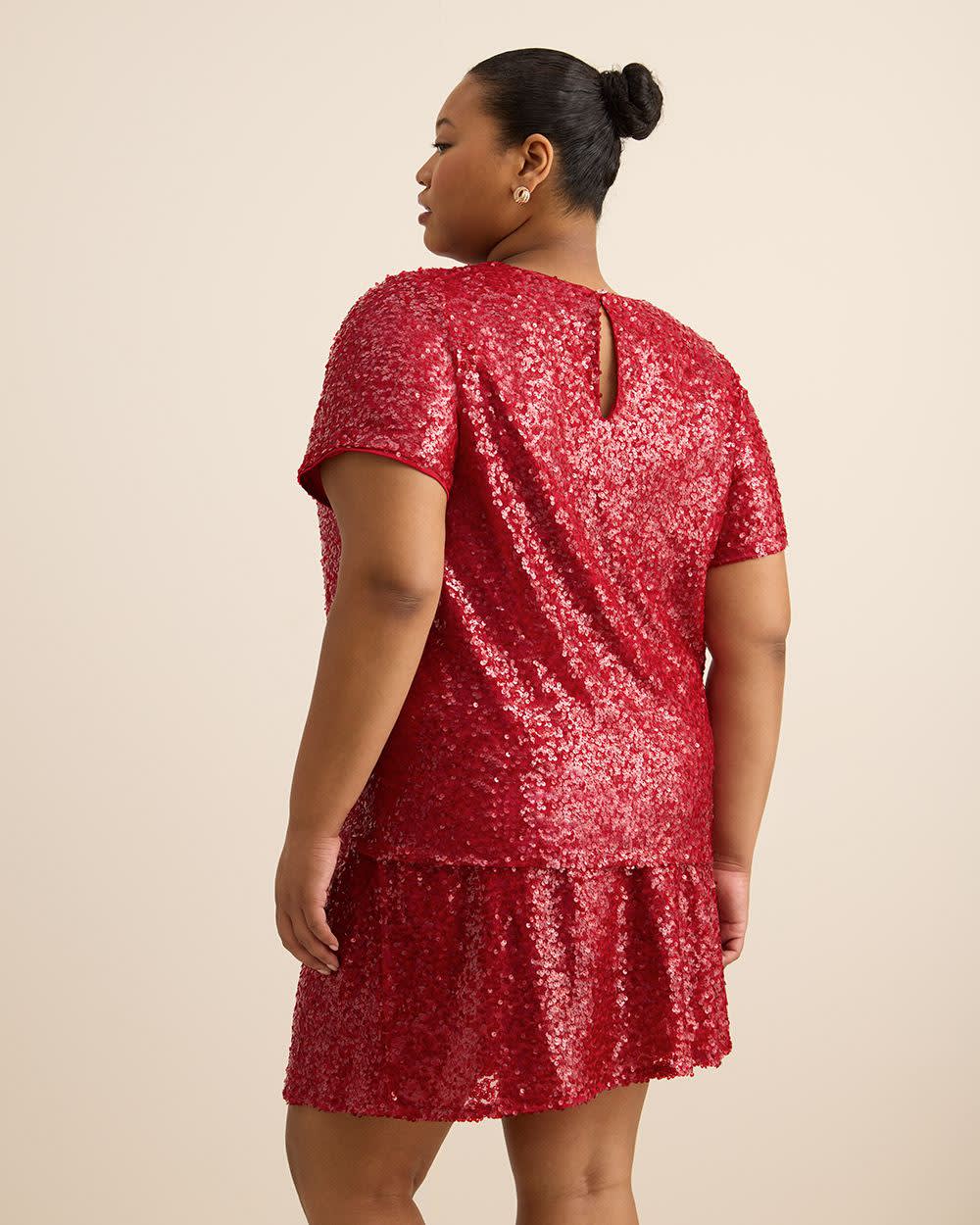 Red Short-Sleeve Sequins Knit Top