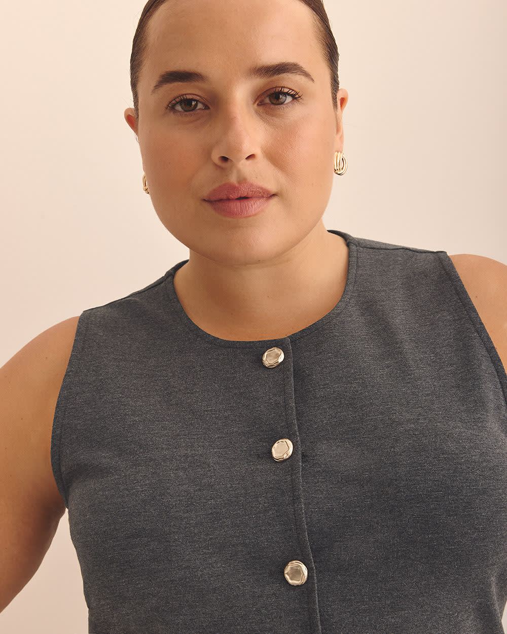 Button-Up Knit Crew Neck Vest