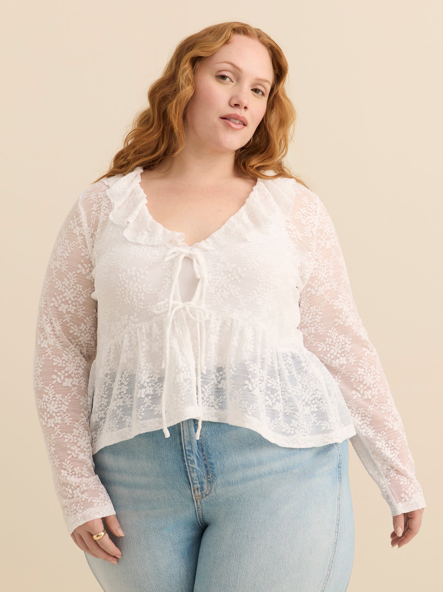 V-Neck Fit and Flare Lace Top with Ruffles