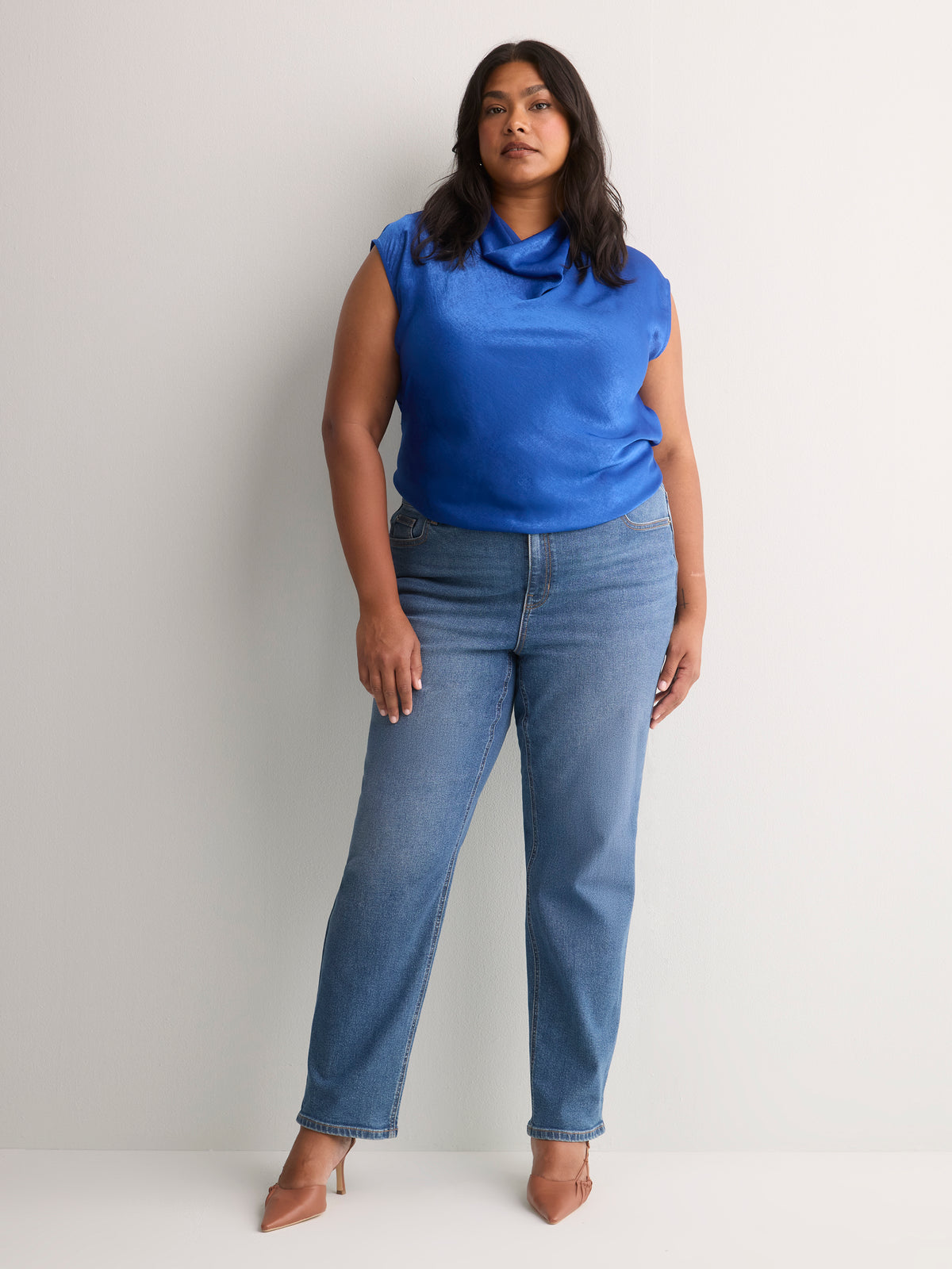 Straight-Fit Draped Cowl-Neck Satin Blouse