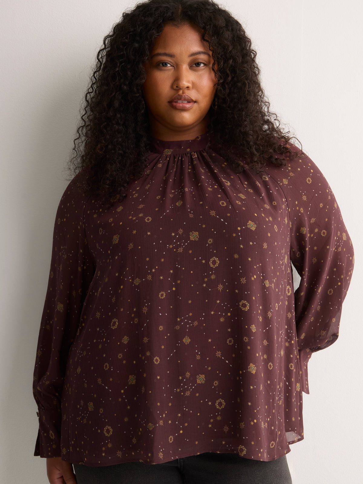 Chiffon Shirred Mock-Neck A-Line Blouse