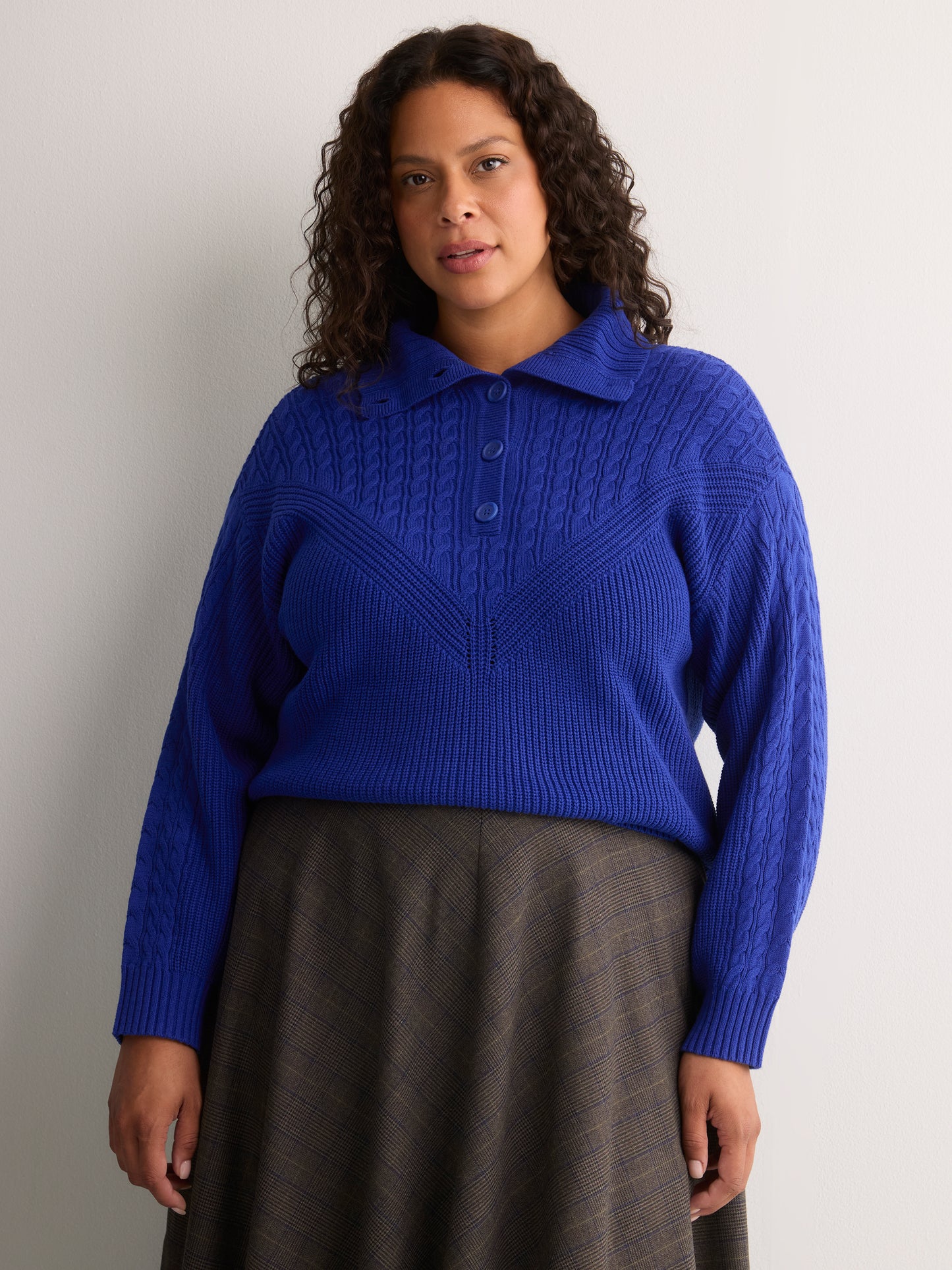 Loose Half-Placket Cable Knit Sweater