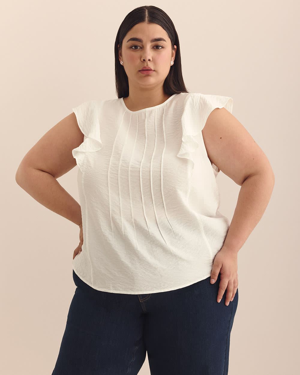 Short Sleeve Ruffle Blouse with Pintucks Detail