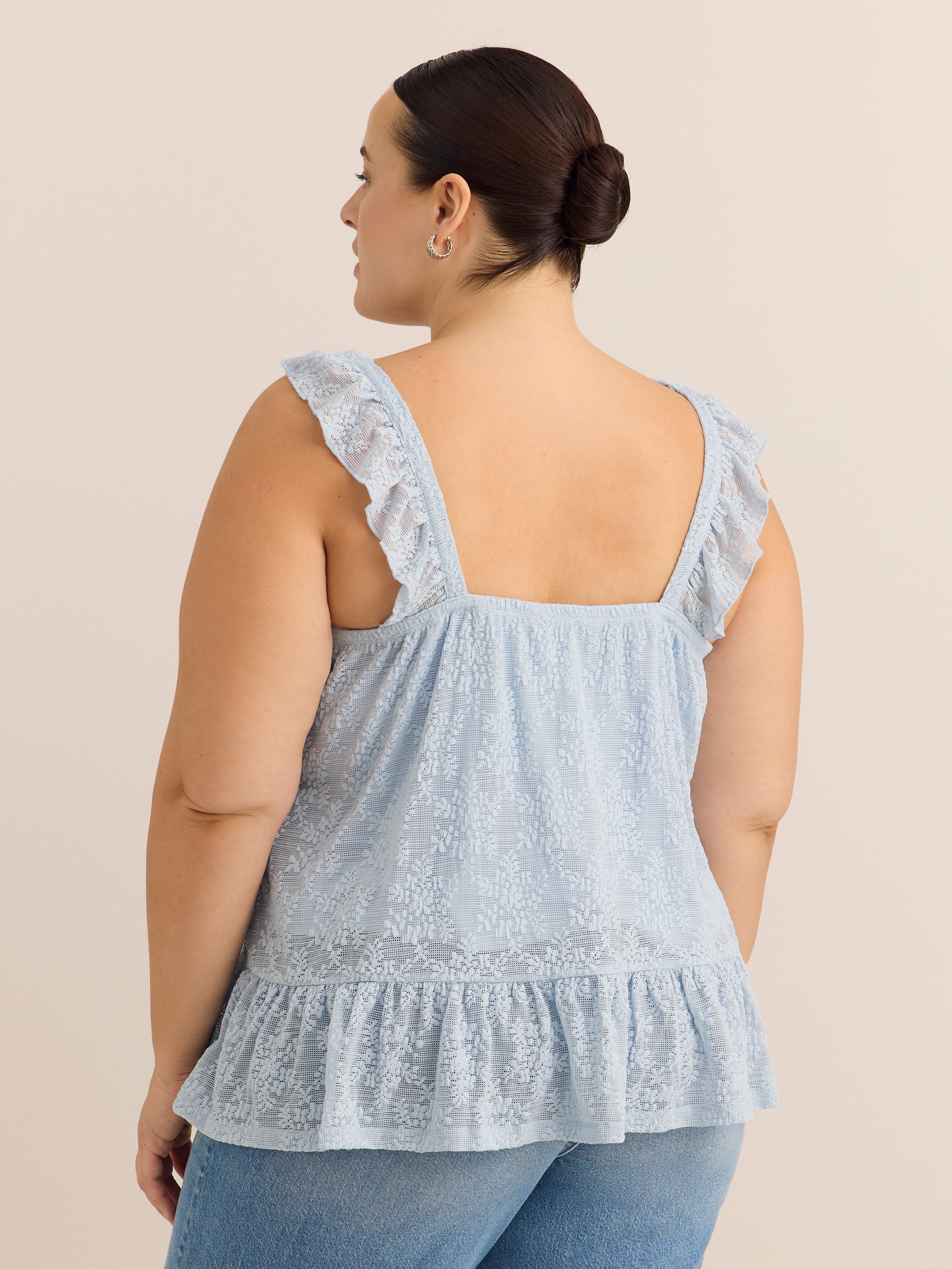 Blue Ruffled Lace Sleeveless Swing Blouse