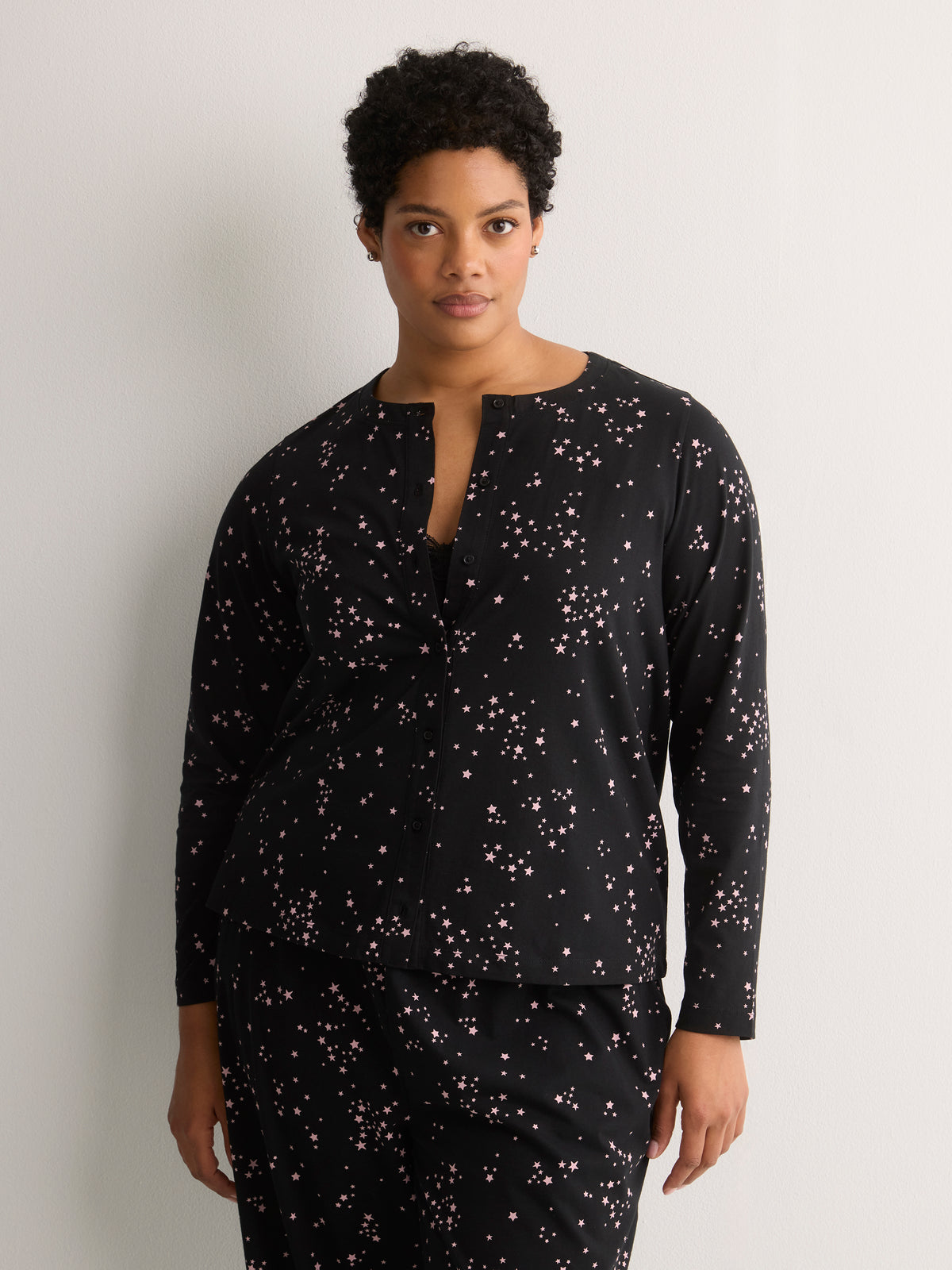 Dark Blue Star-Print Long-Sleeve Pyjama Cardigan - tiVOGLIO