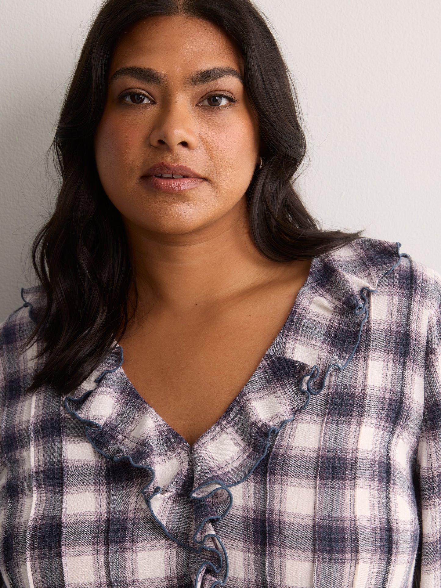 Plaid Ruffled V-Neck Pintuck Swing Blouse