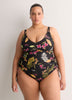 Black Floral Shirred V-Neck Tankini Top