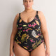 Black Floral Shirred V-Neck Tankini Top