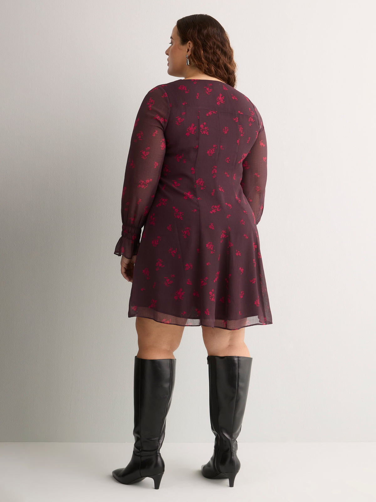 Floral Pleated Dress with Long Bell Sleeves - Addition Elle