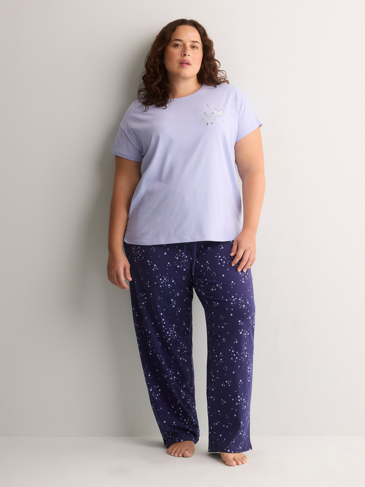 Blue Boxy-Fit Cotton Knit Pyjama Top with Sheep Chest Print - tiVOGLIO