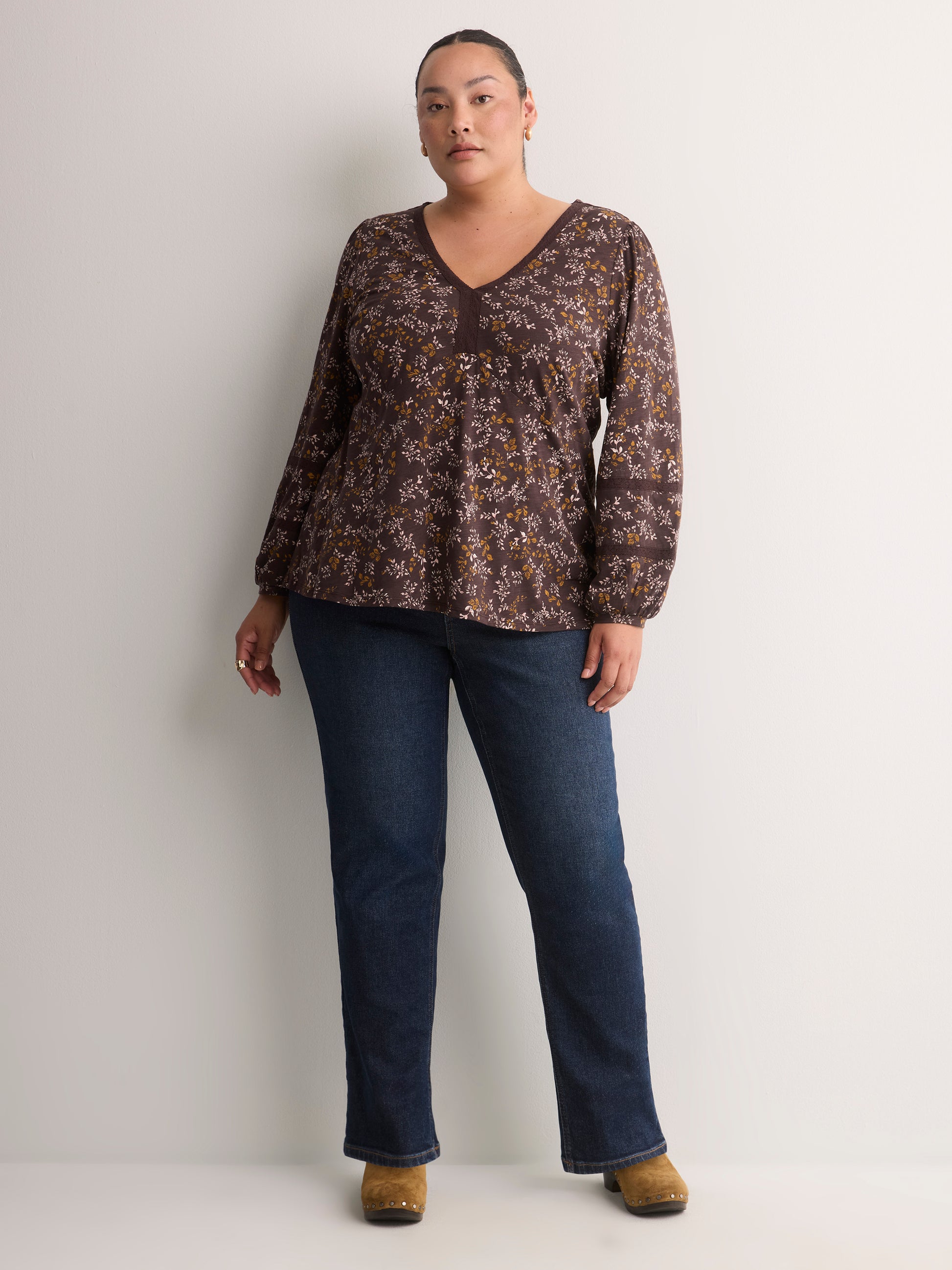 Slight Swing V-Neck Blouse with Crochet Tape