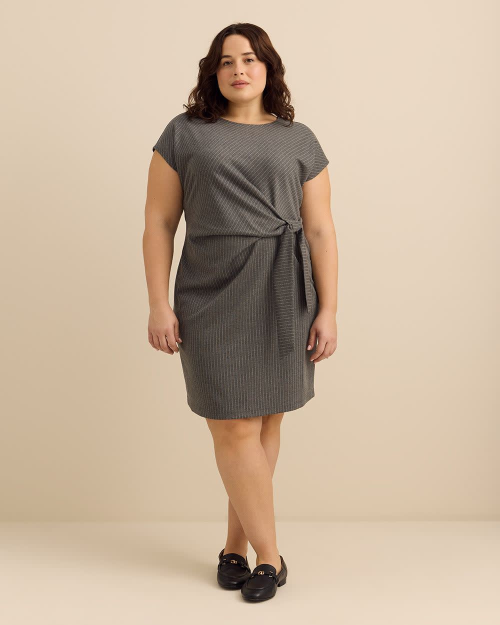 Grey Pinstripe Crewneck Dress with Side Knot