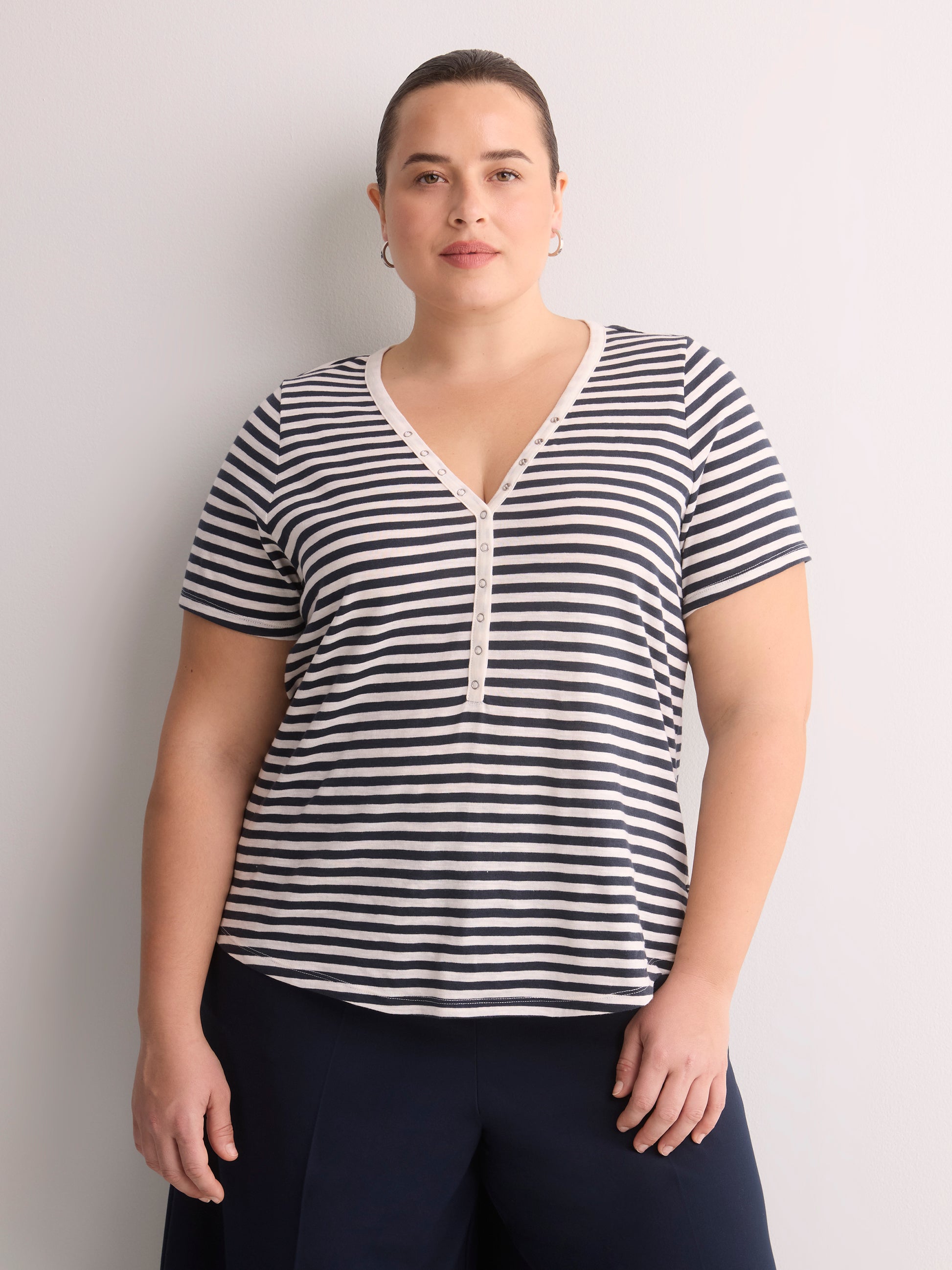 Short-Sleeve V-Neck Henley Shirt with Stripes