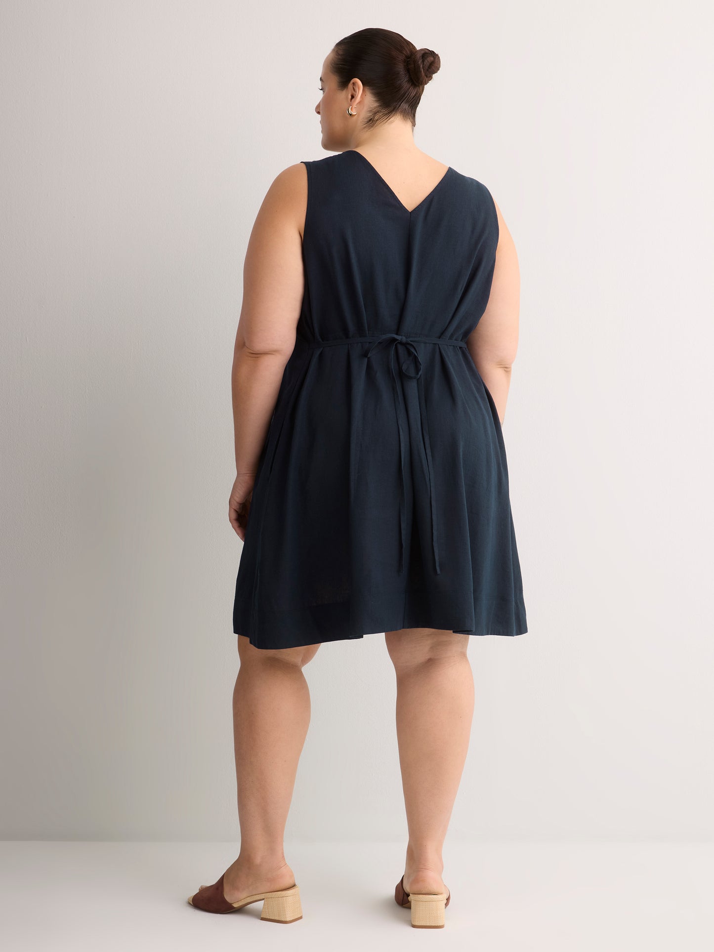 Linen Blend V-Neck Swing Dress with Crochet Tape