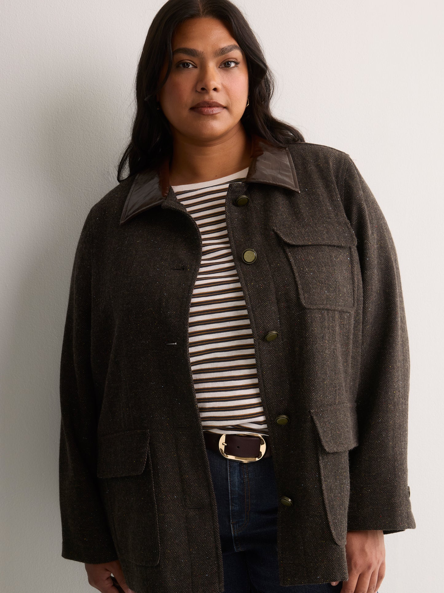 Brown Herringbone Barn Jacket with Faux-Leather Collar