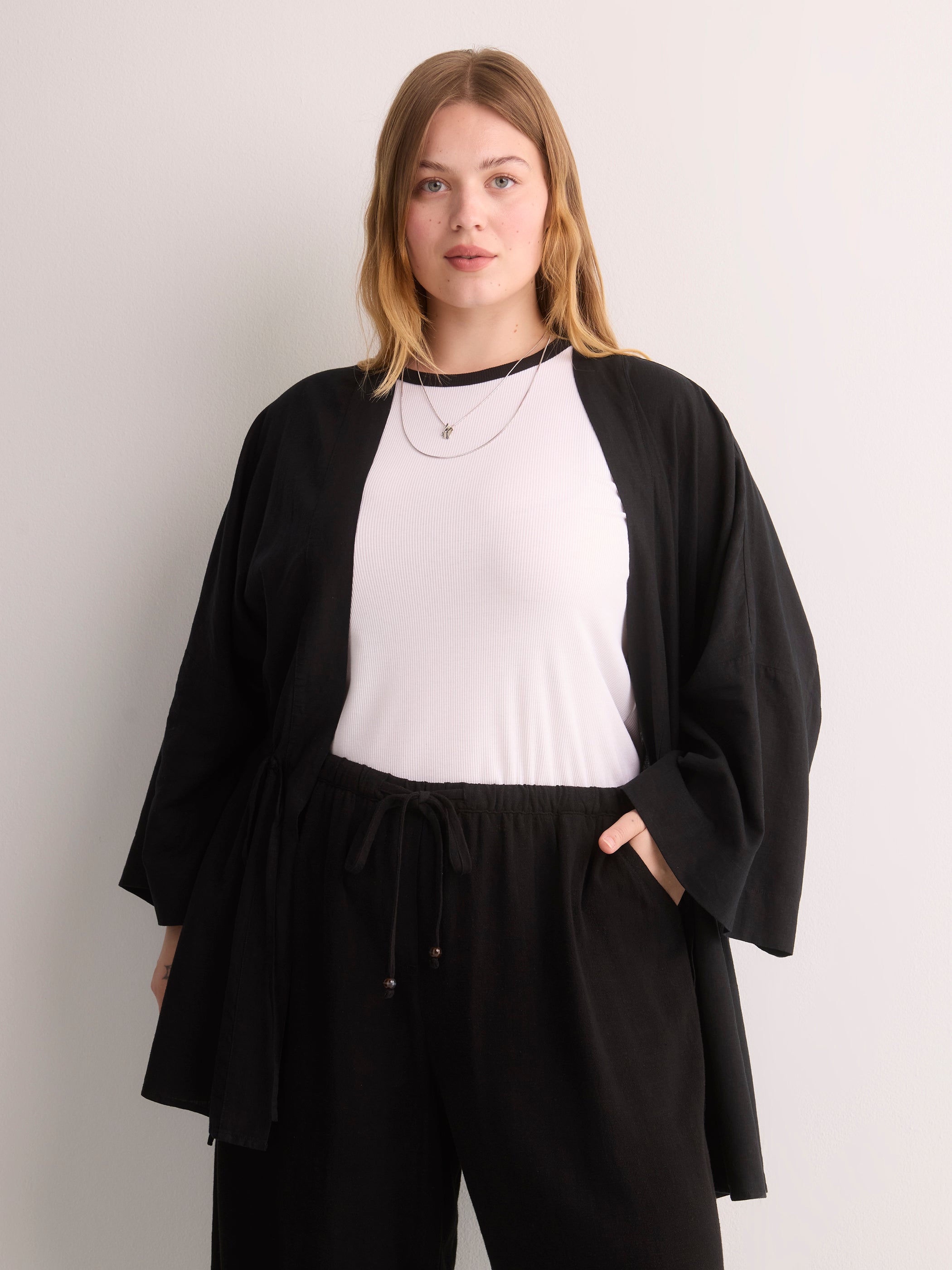 Linen-Blend Loose Kimono Tunic with Waist Drawstring