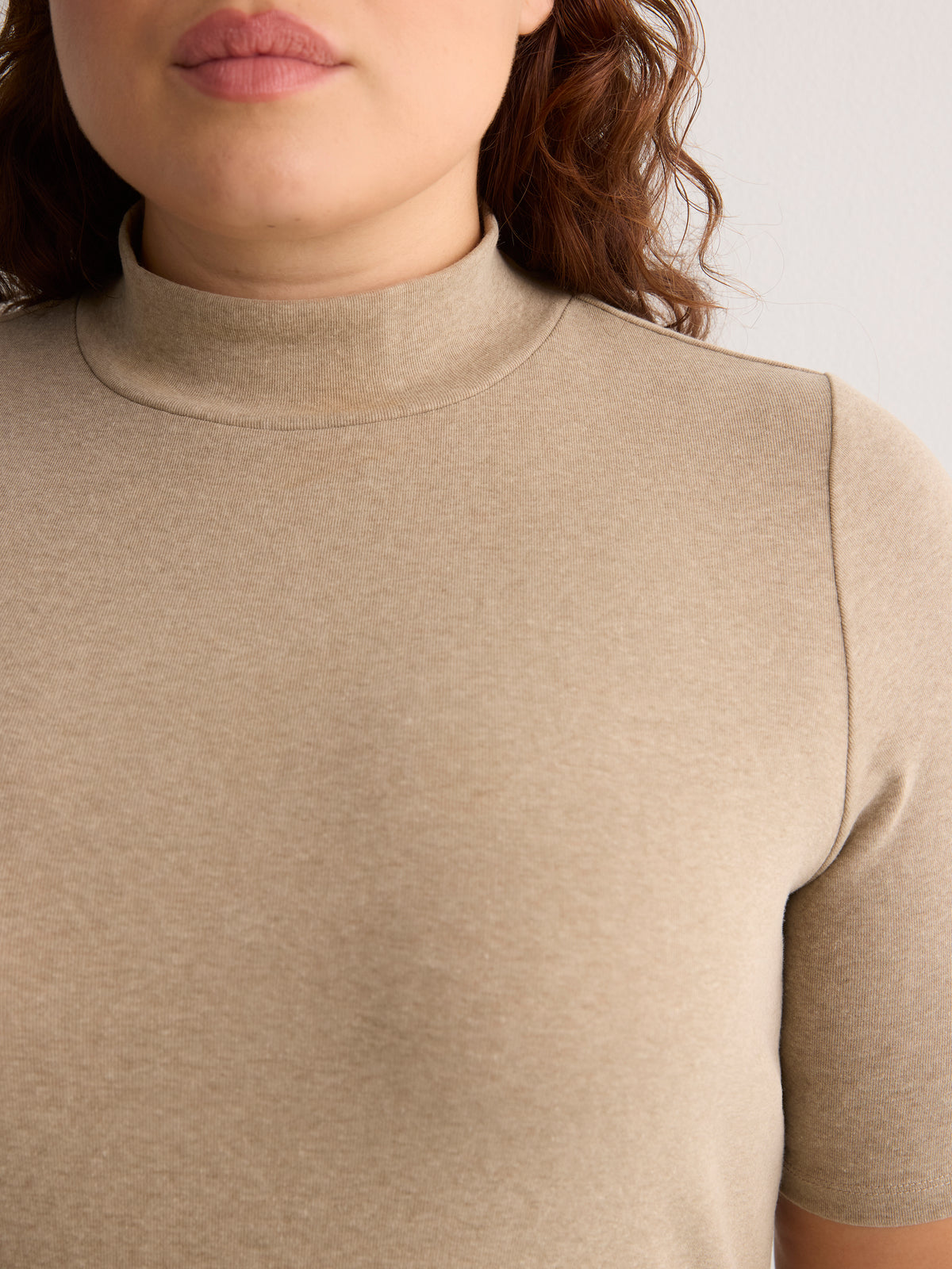 Fitted Mock-Neck Elbow-Sleeve Rib Knit Top