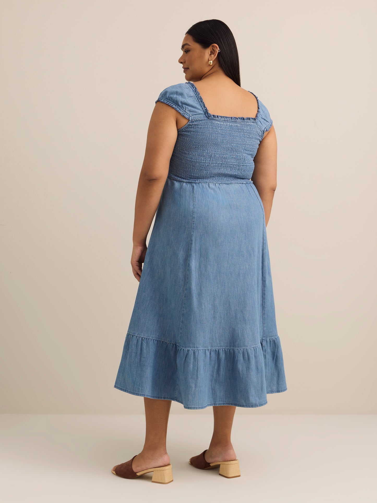 Smocked Denim Maxi Dress with Cap Sleeves