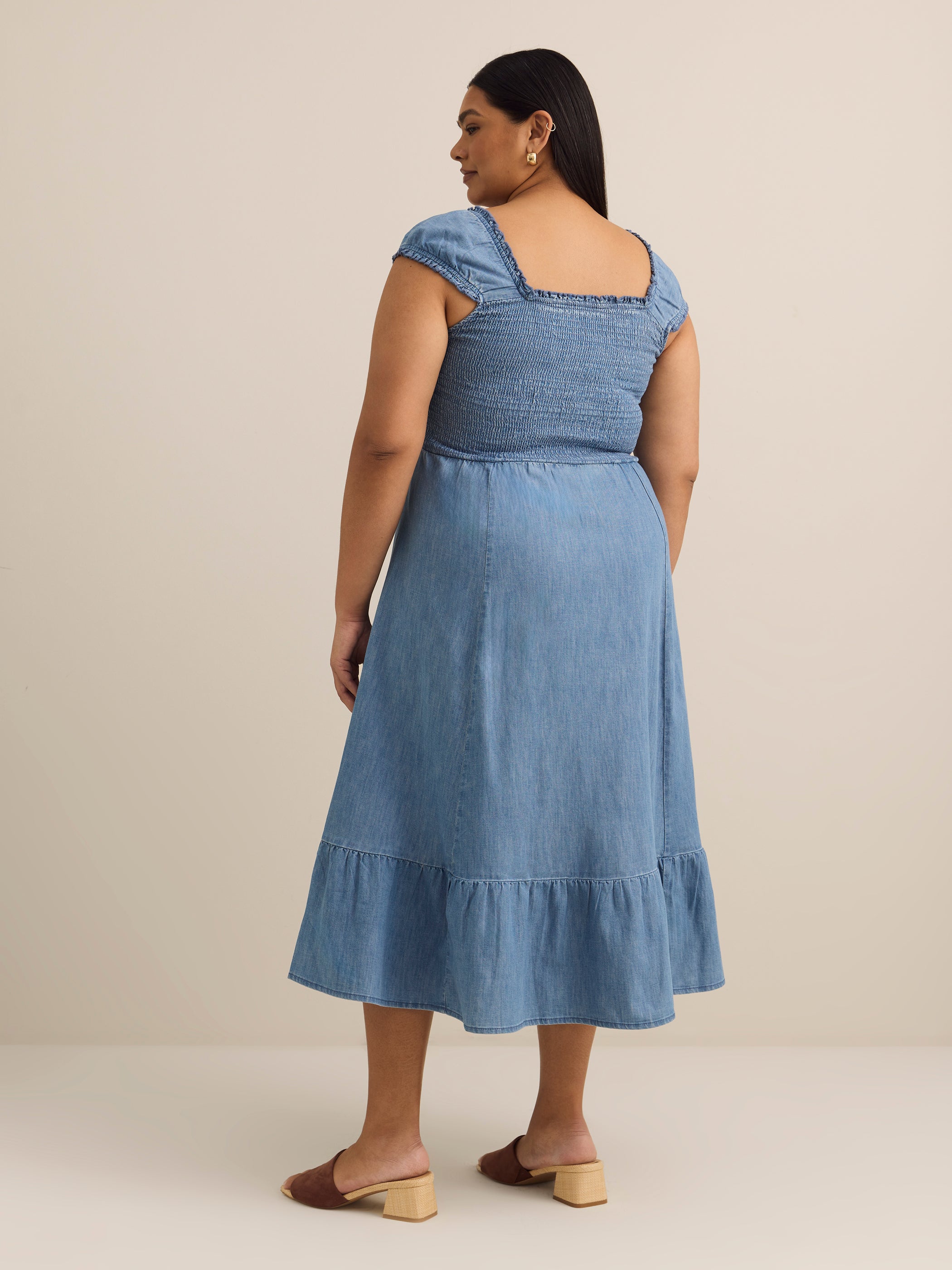 Smocked Denim Maxi Dress with Cap Sleeves