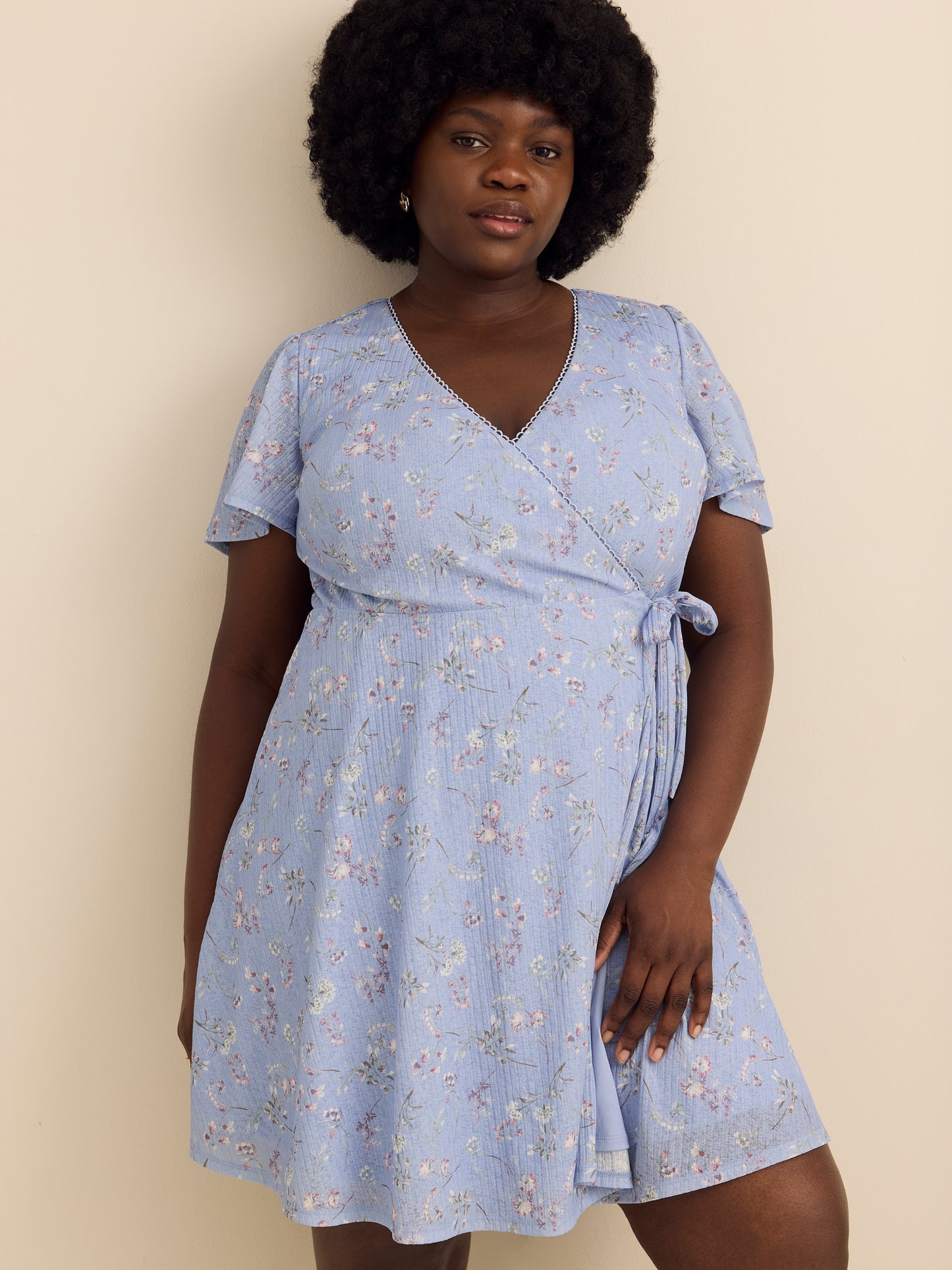 Short Flutter-Sleeve Wrap Dress - Addition Elle