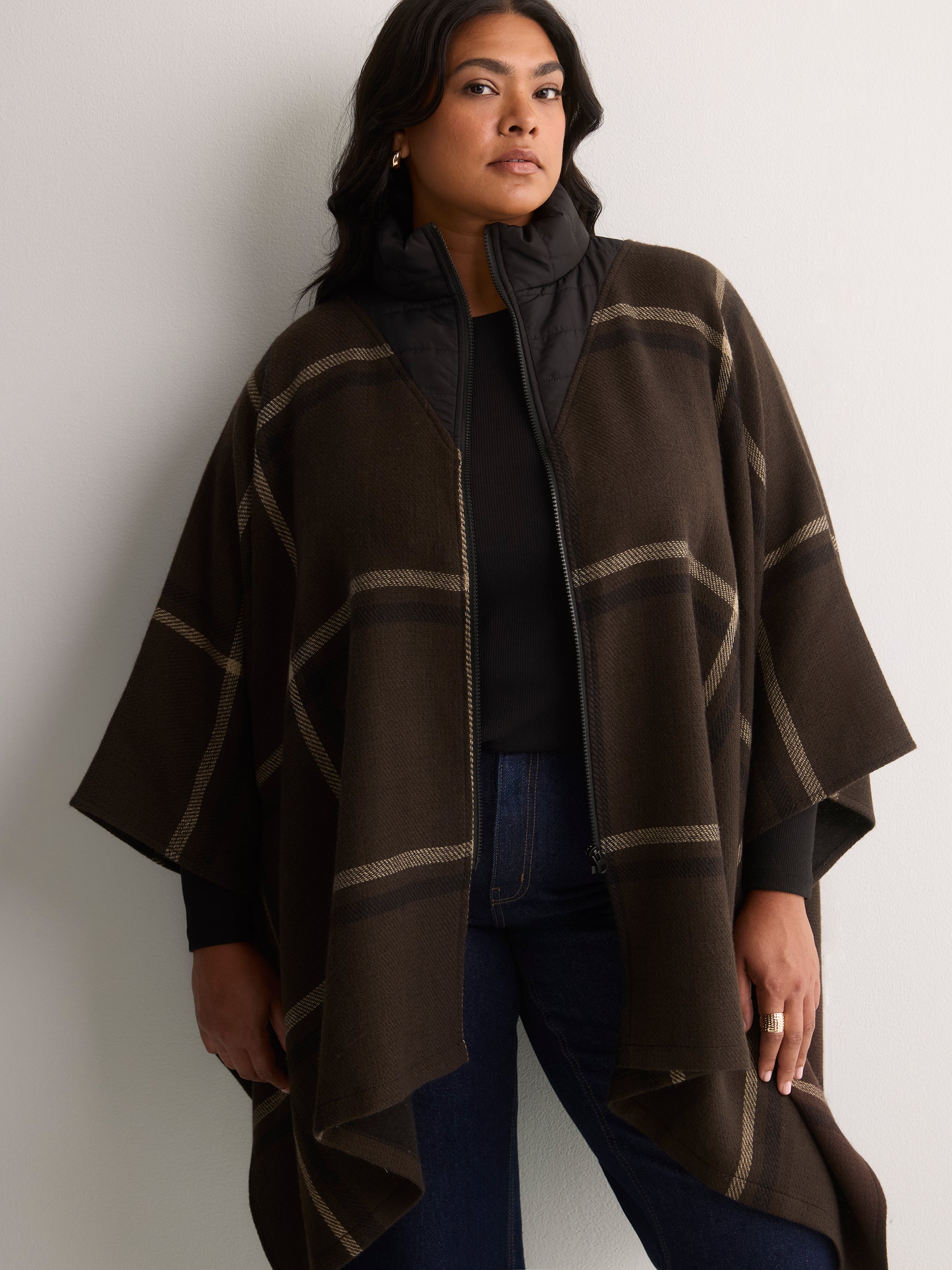 Brown Puffer Neck Cape with Belt and Zipper