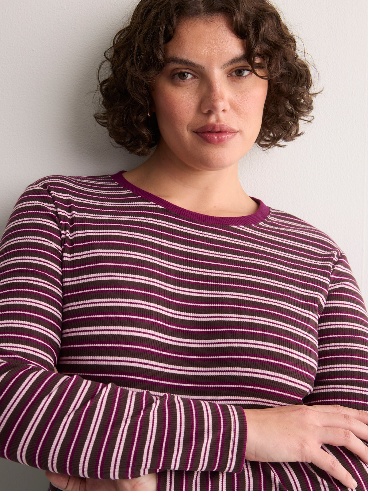 Brown Striped Boyfriend-Fit Long-Sleeve Rib Knit Tee